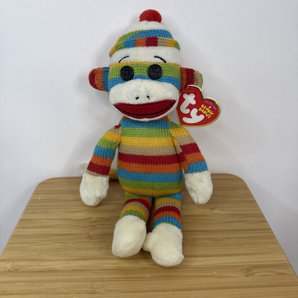 Socks The Sock Monkey 9" Rainbow‎ Striped Multicolor Plush Ty Beanie Babies